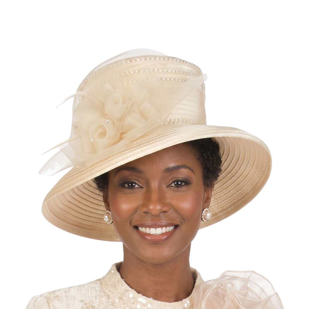 Medium Brim Satin Ribbon Hat w/ Mesh Flower