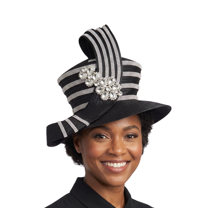 High Crown Rhstn Strip Hat w/ Brooch