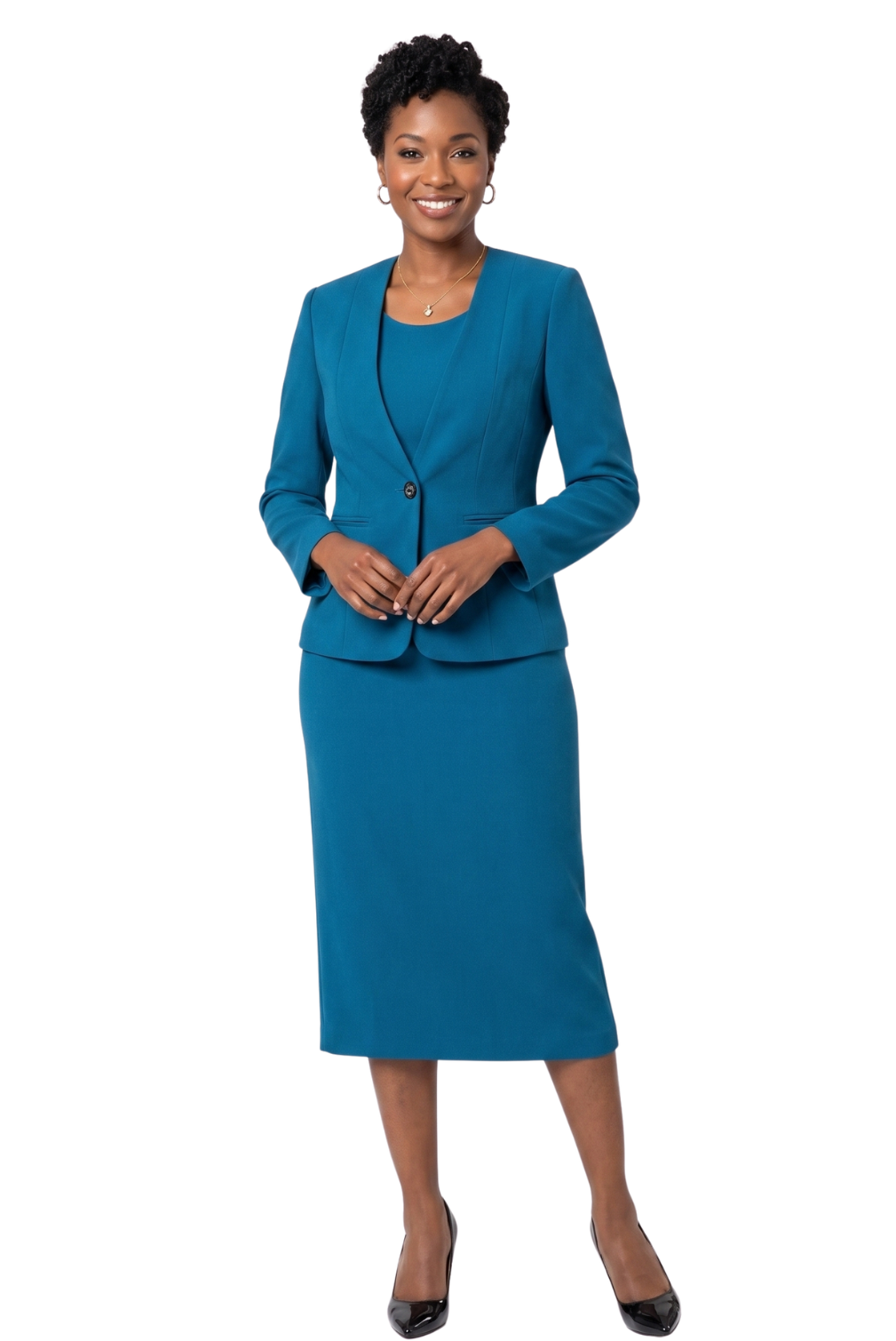3pc Collarless Clean Lines Detailed Skirt Suit - Plus Size