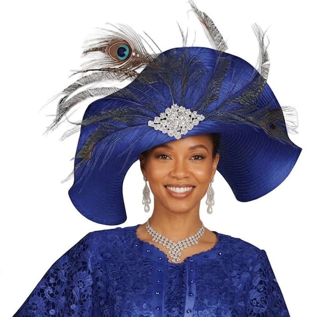 Stunning Wide Brim Church Hat with Elegant Peacock Feather & Rhinestone Embellishments - Especially Yours