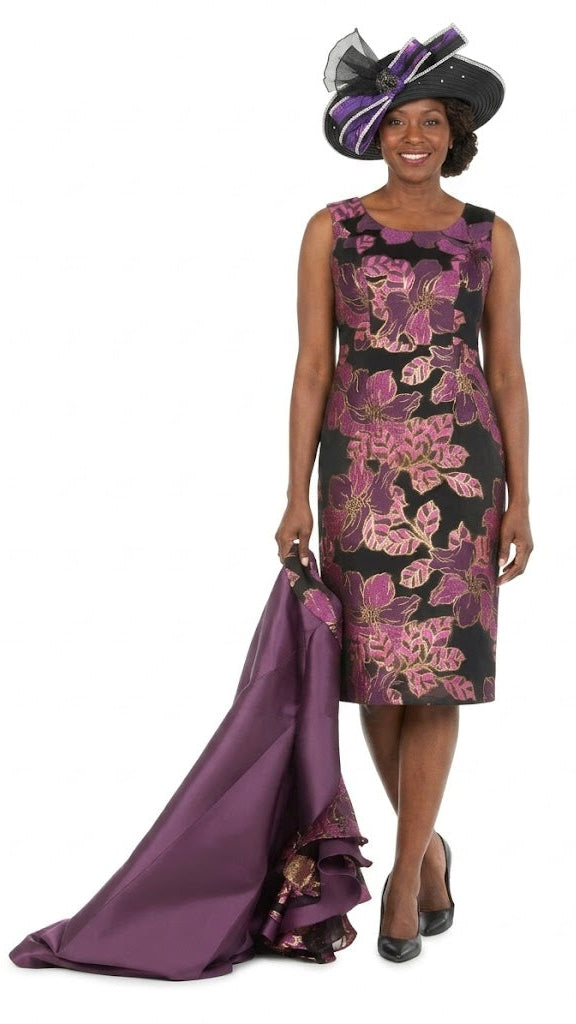 Floral Brocade Dress&Silky Twill Rfl Coat Set-Plus