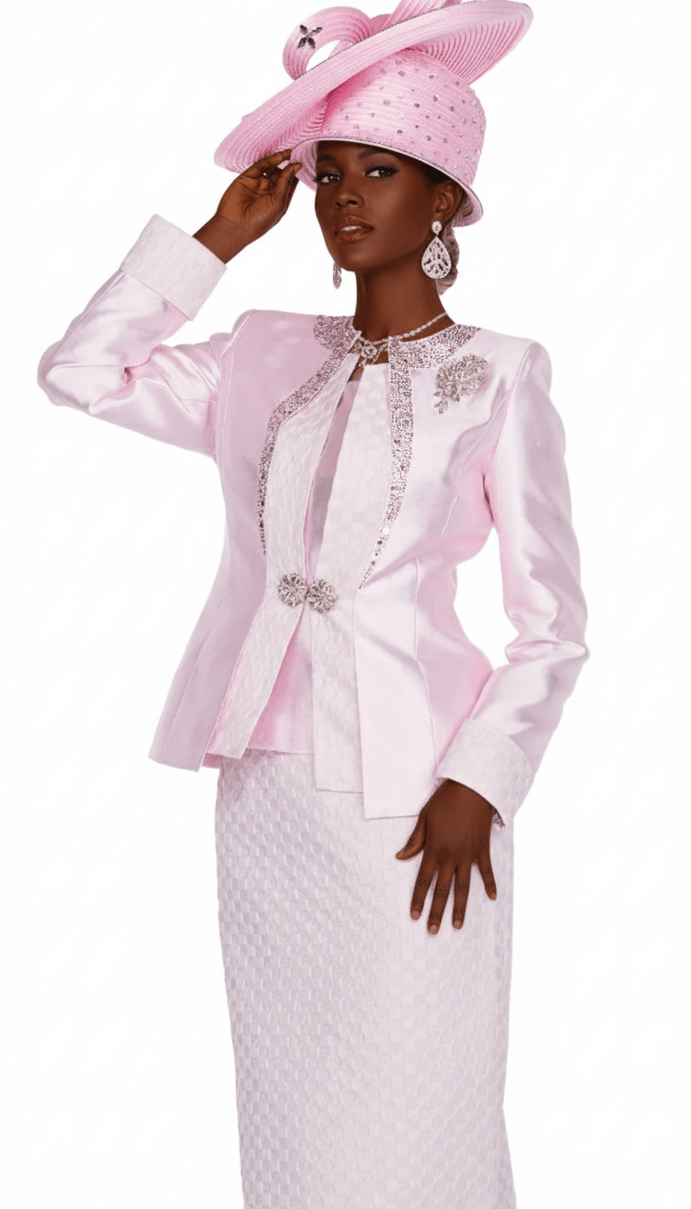 Elegant Pink Three - Piece Skirt Suit with Sparkle Trimmed Jacket & Brooch - Especially Yours