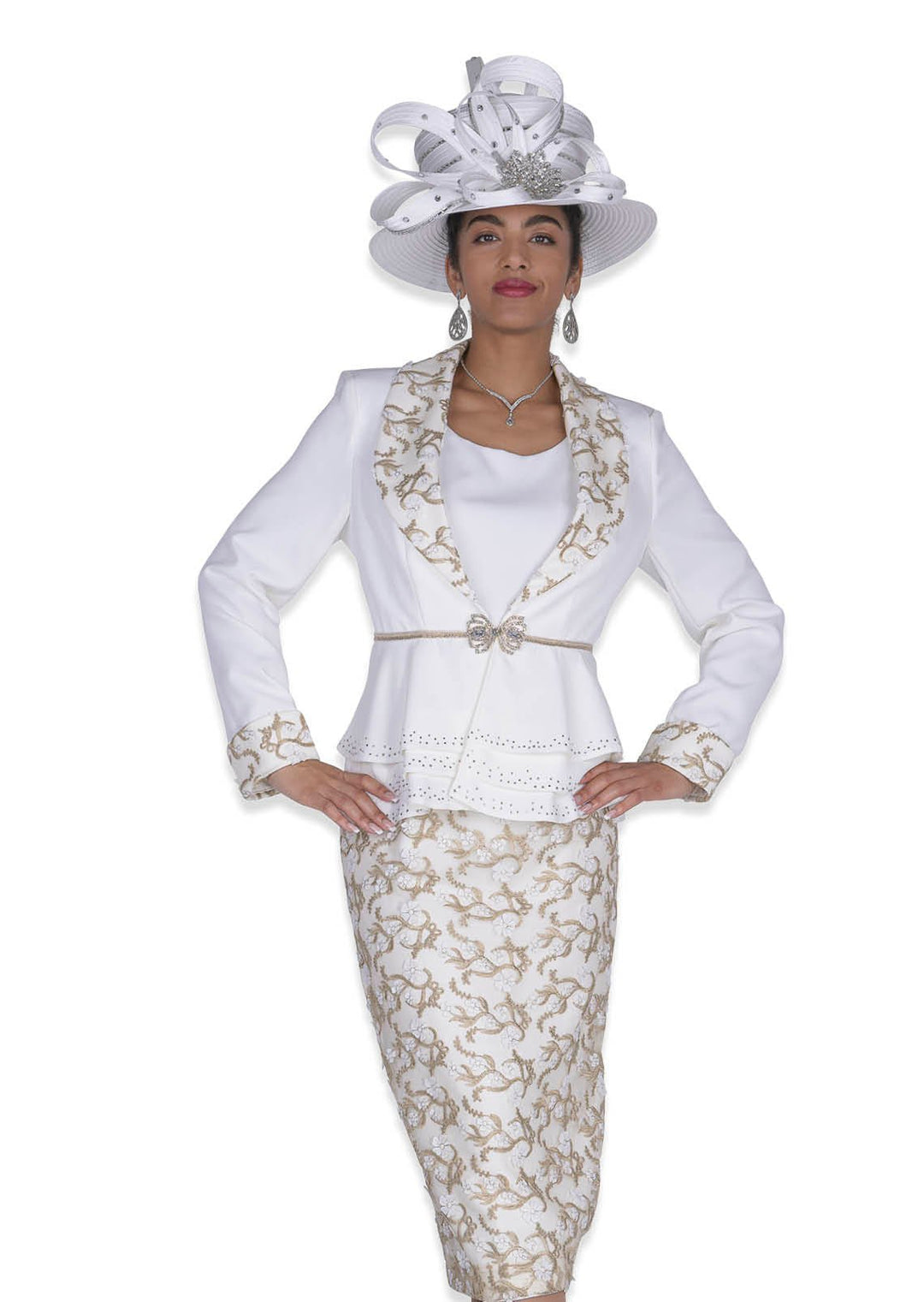 Elegant White Gold 3 - Piece Peplum Skirt Suit with Sparkle Trim - Especially Yours
