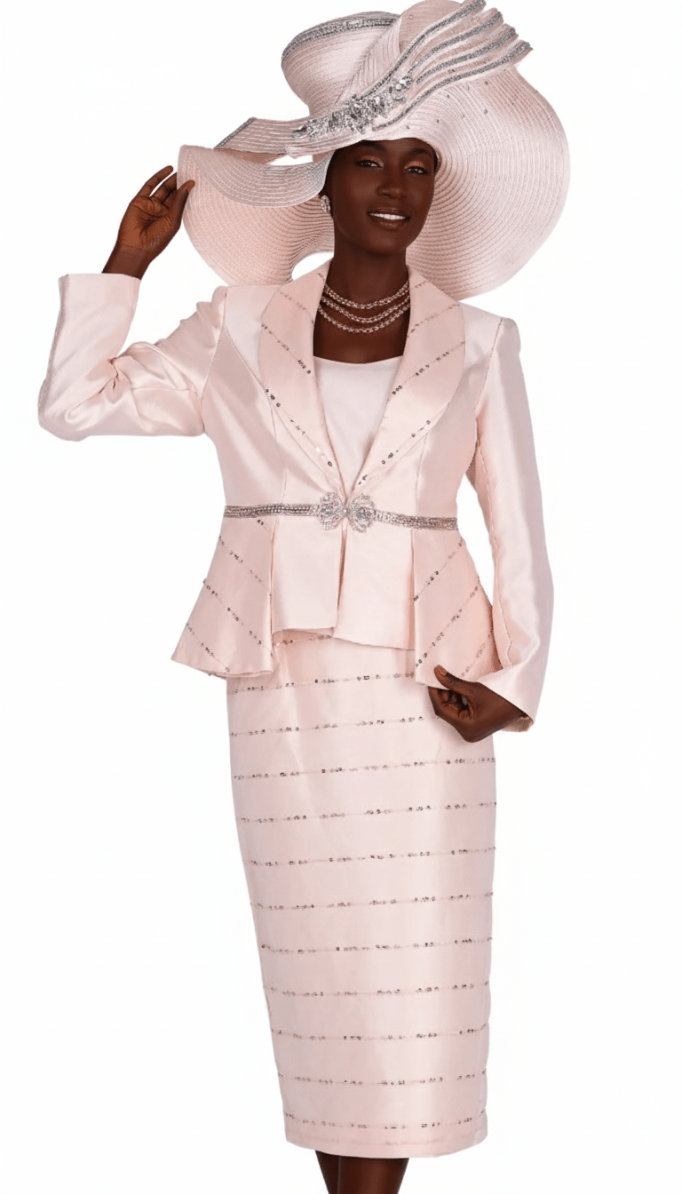 Elegant Peach Sequin Stripe Three - Piece Women's Church Suit with Peplum Jacket - Especially Yours