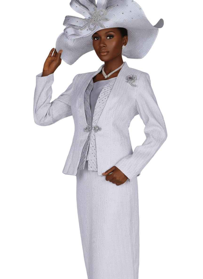 Elegant Champagne Italy 6009 Silver Chevron Three - Piece Skirt Suit Set - Especially Yours