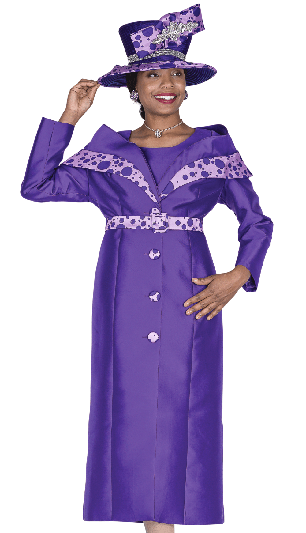 Elegant Purple Polka Dot Duster Jacket Dress Suit with Brooch & Belt - Especially Yours