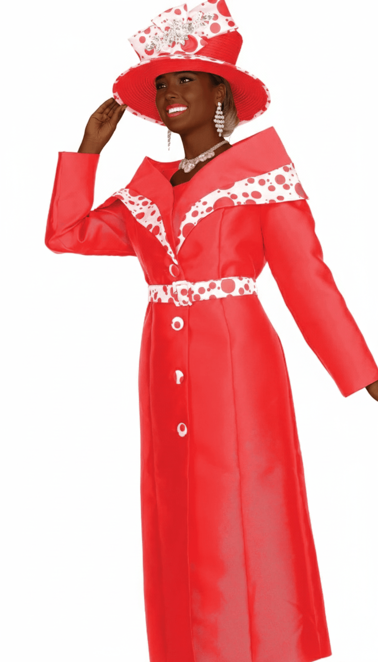 Elegant Red Polka Dot Duster Jacket Dress Suit for Women with Brooch - Especially Yours