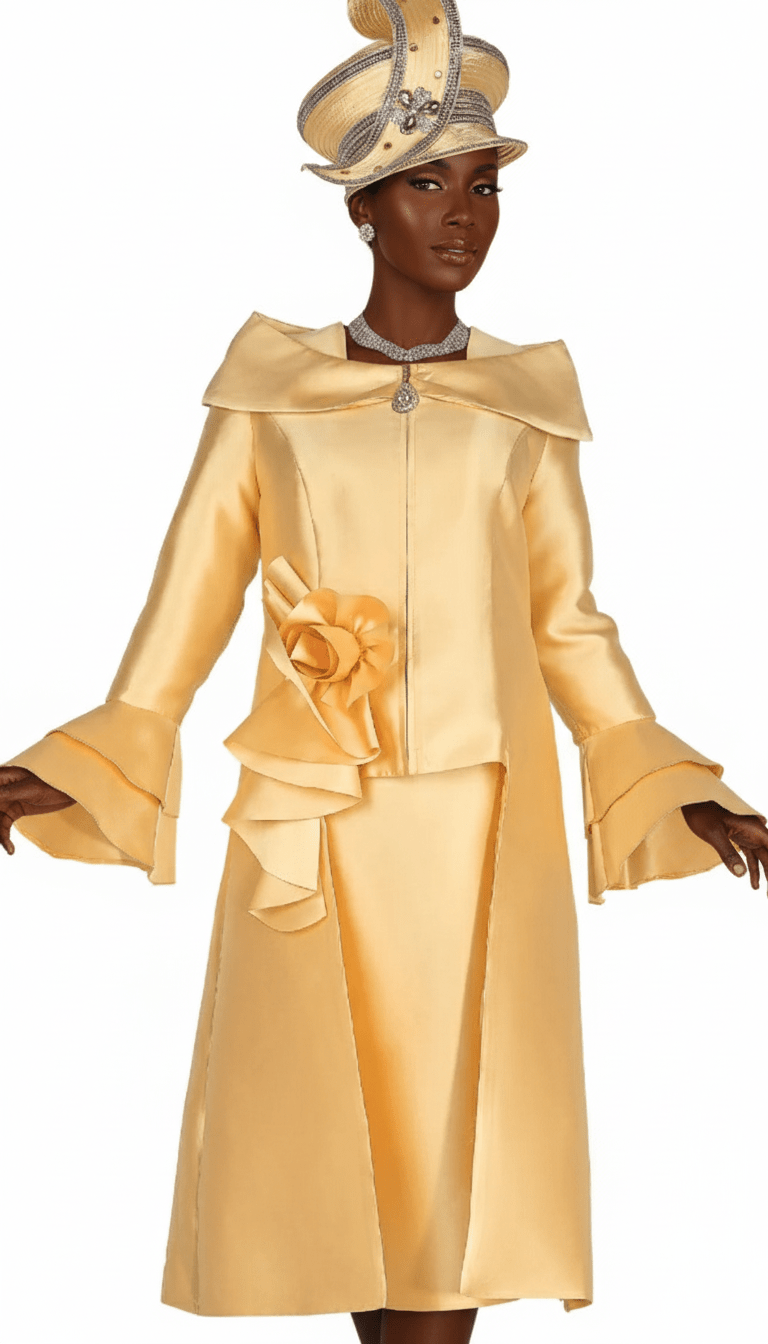 Elegant Gold Skirt Suit with High - Low Peplum Jacket and Flare Sleeves - Especially Yours