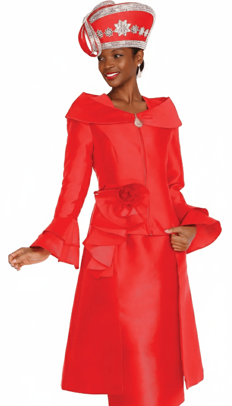 Elegant Red Church Skirt Suit with High - Low Peplum Zip Jacket Flare Sleeves - Especially Yours