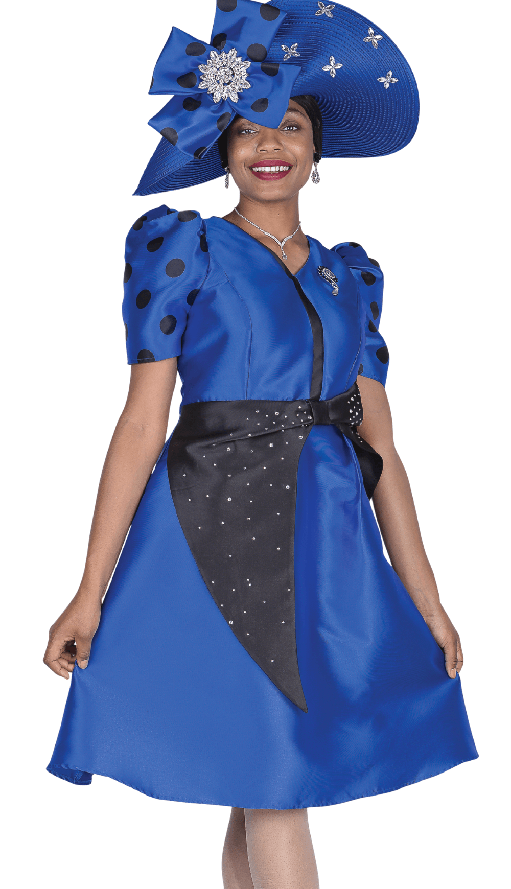 Elegant Royal Blue Polka - Dot A - Line Dress with Sparkling Rhinestone Trim - Especially Yours