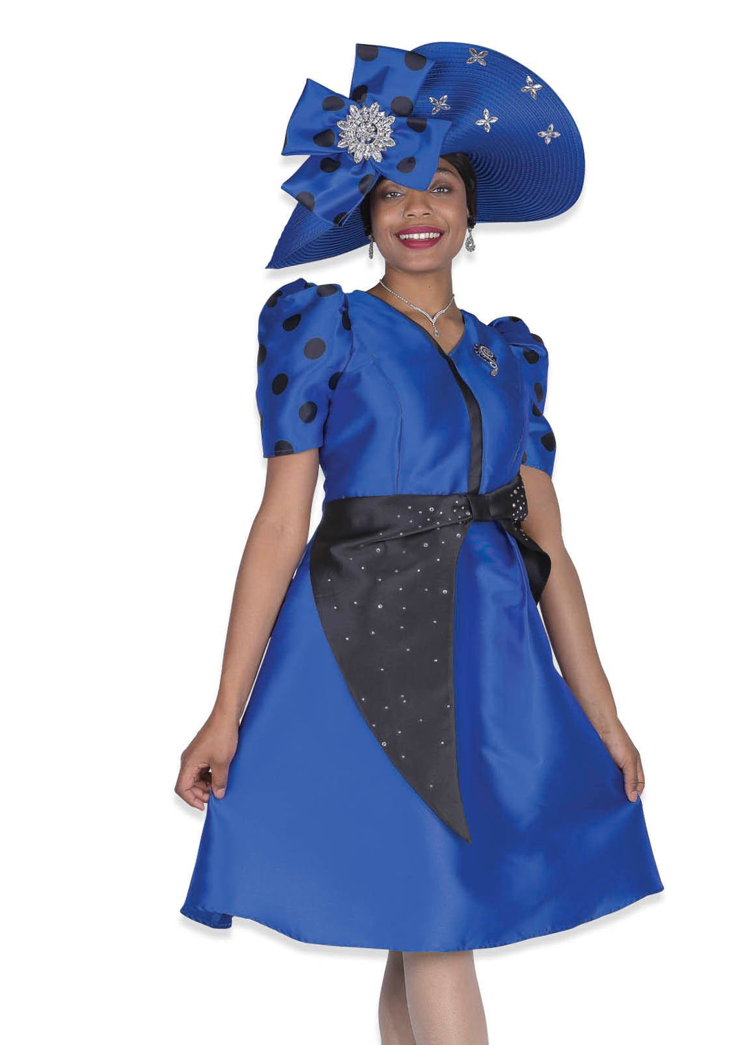 Elegant Royal Blue Polka - Dot A - Line Dress with Sparkling Rhinestone Trim - Especially Yours