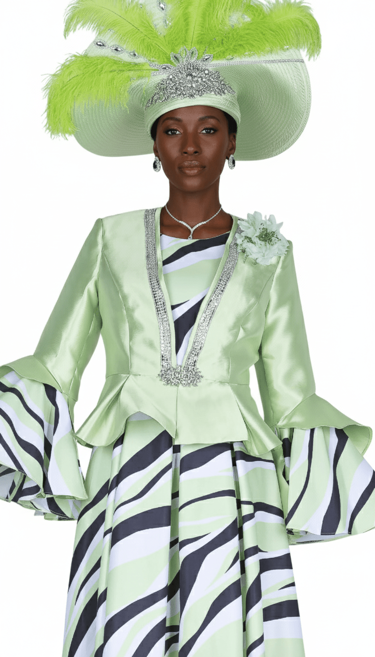 Elegant Women's Light Green Print Suit Dress with Peplum Jacket and Matching Hat - Especially Yours