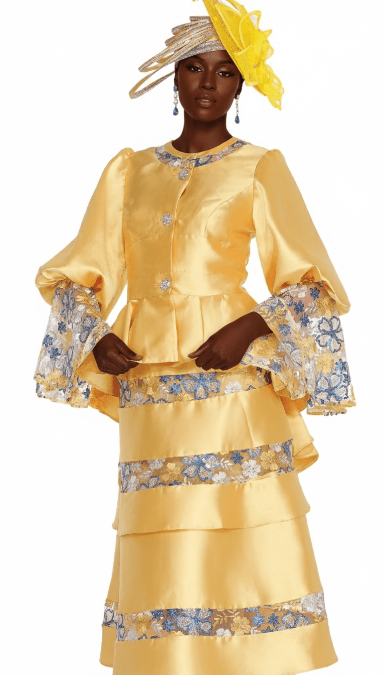 Elegant Gold Tiered Midi Skirt Suit with Floral Peplum Jacket & Rhinestones - Especially Yours
