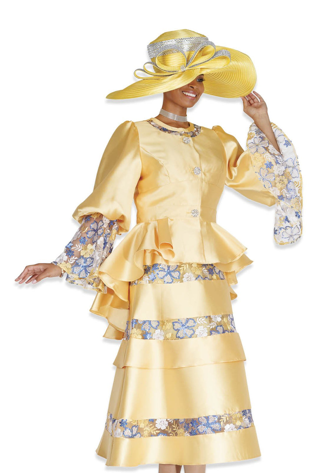 Elegant Gold Tiered Midi Skirt Suit with Floral Peplum Jacket & Rhinestones - Especially Yours