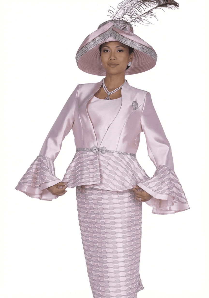 Elegant Pink Three - Piece Church Skirt Suit with Peplum & Flare Sleeves - Especially Yours