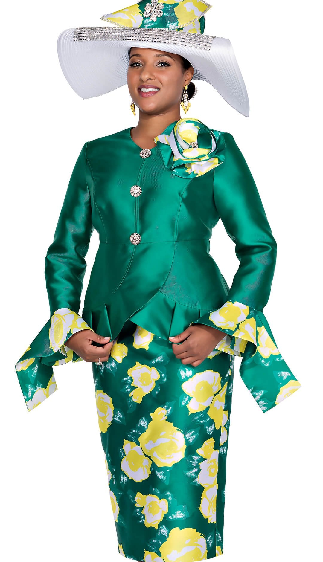 Elegant Green Floral Print Women's Skirt Suit with Pleated Peplum & Rhinestones - Especially Yours