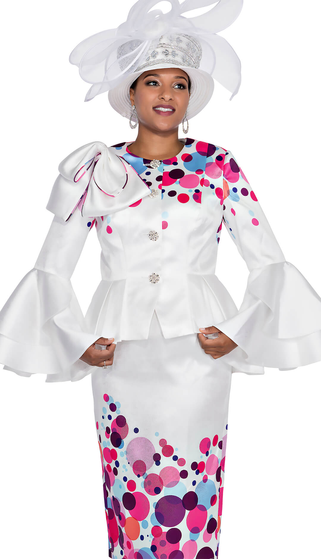 Elegant Polka Dot Women's Skirt Suit with Peplum and Flare Sleeves - Especially Yours