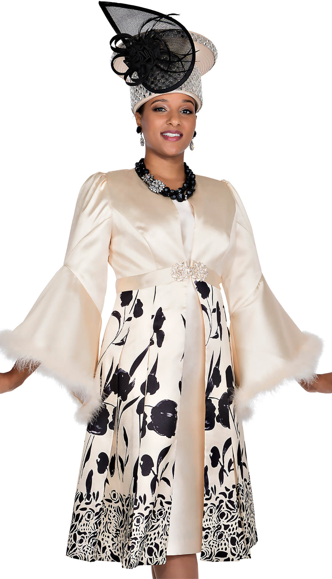 Elegant Elite Champagne Floral Print Jacket Dress with Feather Trim Duster - Especially Yours