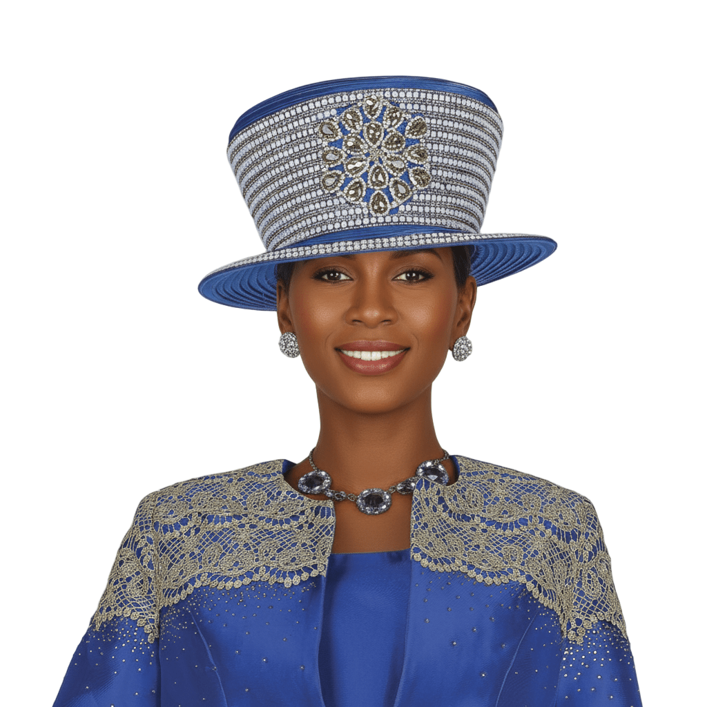 Elegant Royal Blue Church Hat with Embellished Wide Brim - Champagne Italy H6102 - Especially Yours