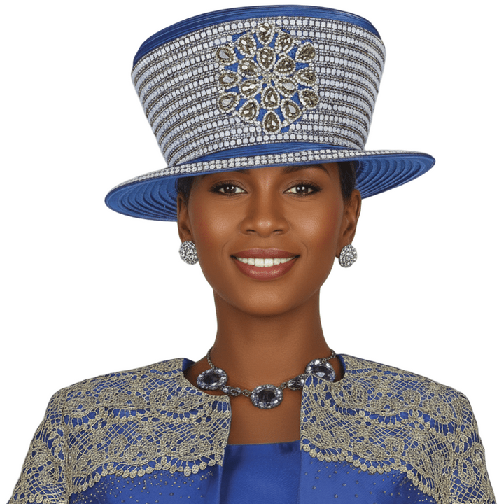 Elegant Royal Blue Church Hat with Embellished Wide Brim - Champagne Italy H6102 - Especially Yours
