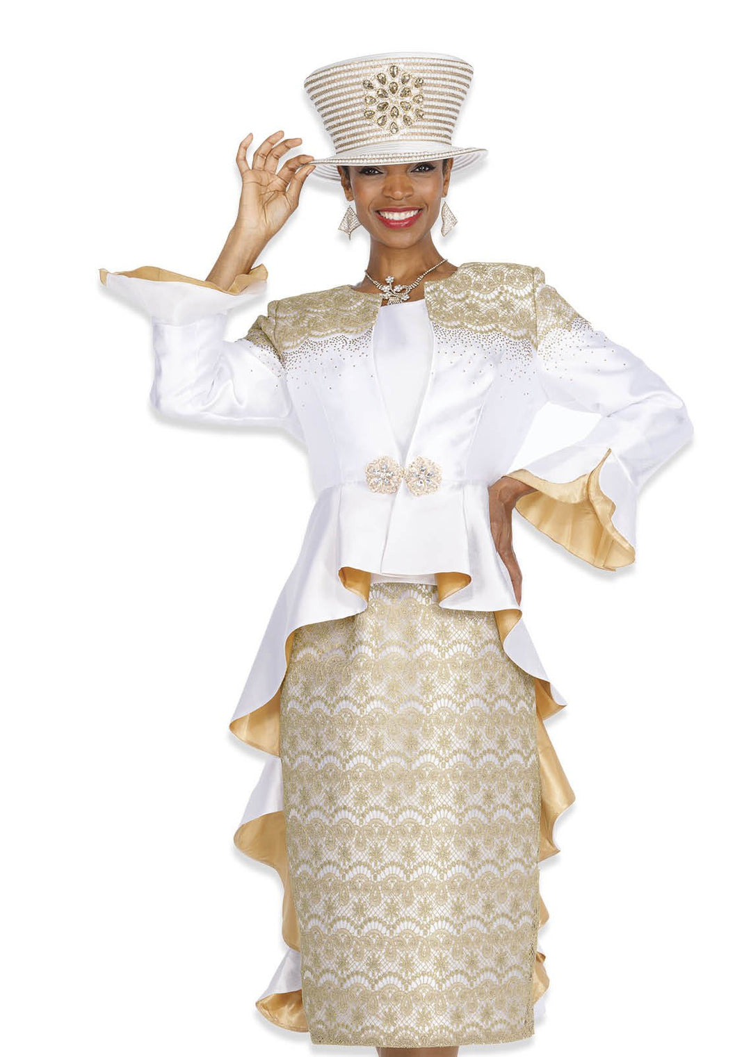 Elegant Gold & White Lace Embroidered Three - Piece Skirt Suit with Peplum - Especially Yours