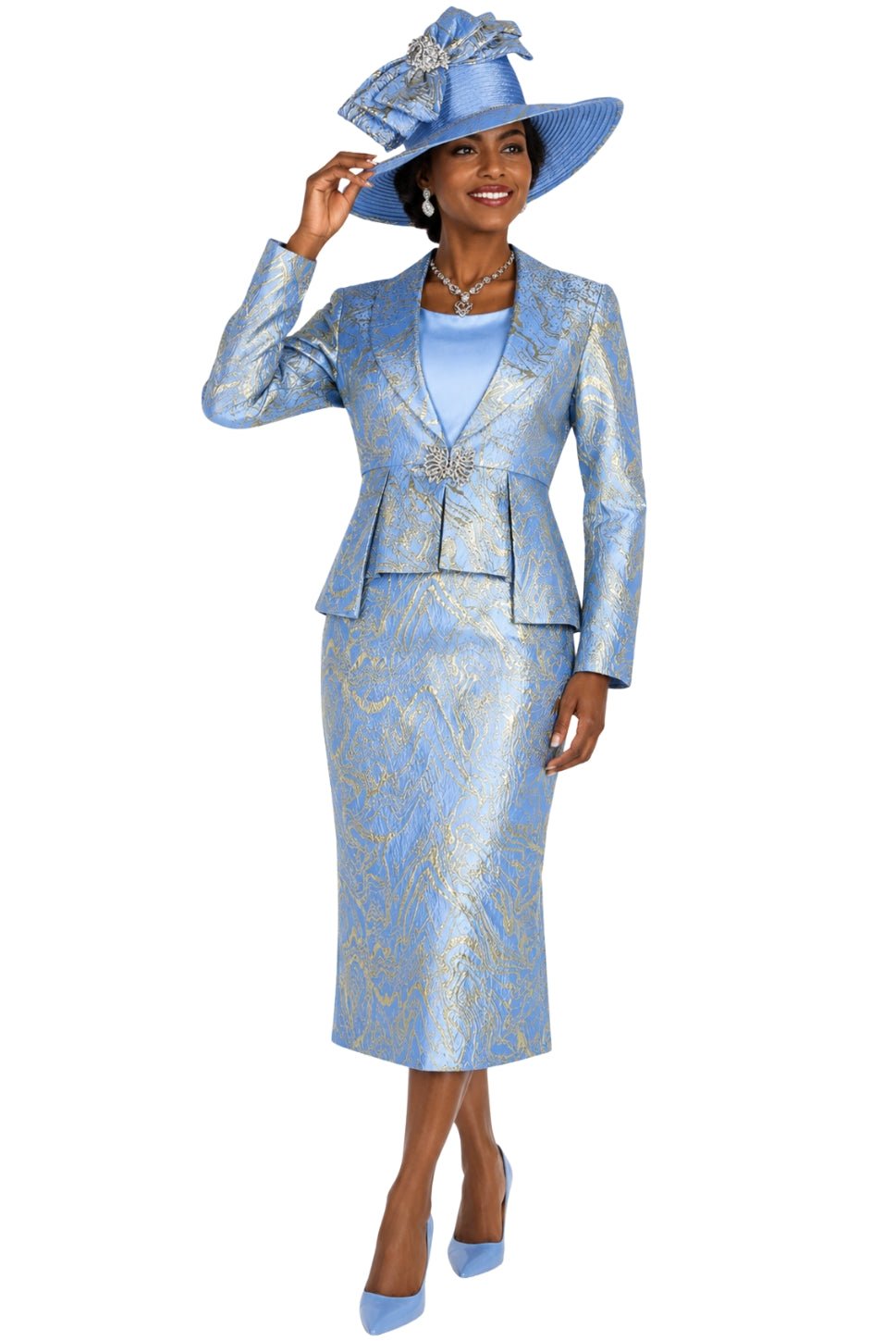 Elegant Champagne Italy 6103 Metallic Pattern Three-Piece Skirt Suit - Especially Yours