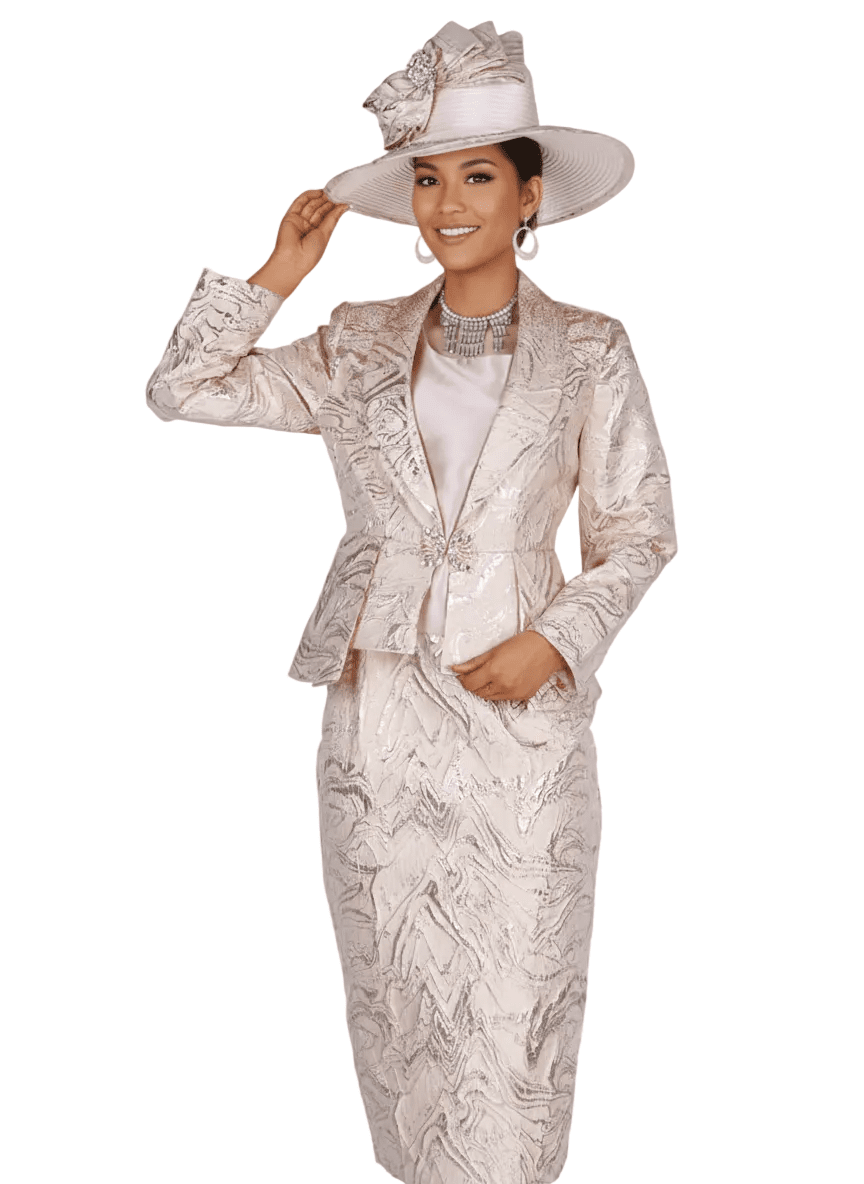 Elegant Champagne Italy 6103 Metallic Pattern Three - Piece Skirt Suit - Especially Yours