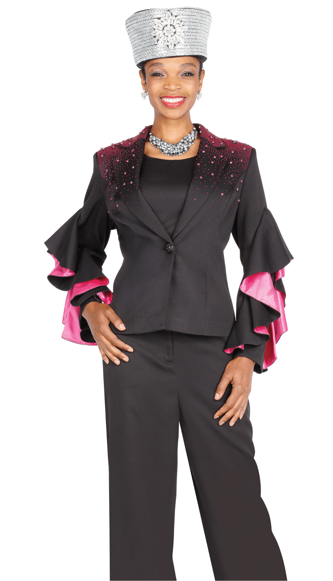 Aussie Austine 6104 Black Three - Piece Embellished Pantsuit with Ruffle Sleeves - Especially Yours