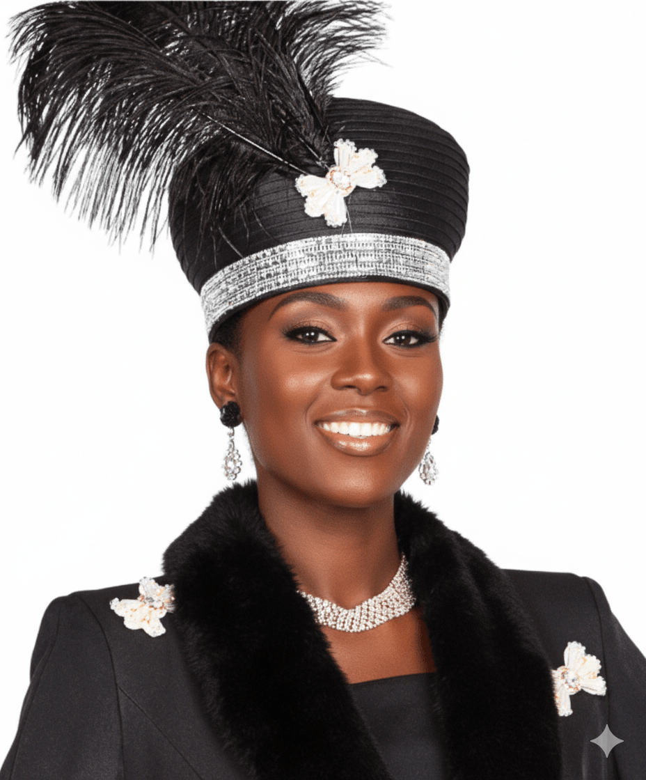 Elegant Black Feathered Church Hat with Rhinestone Embellishments for Women - Especially Yours
