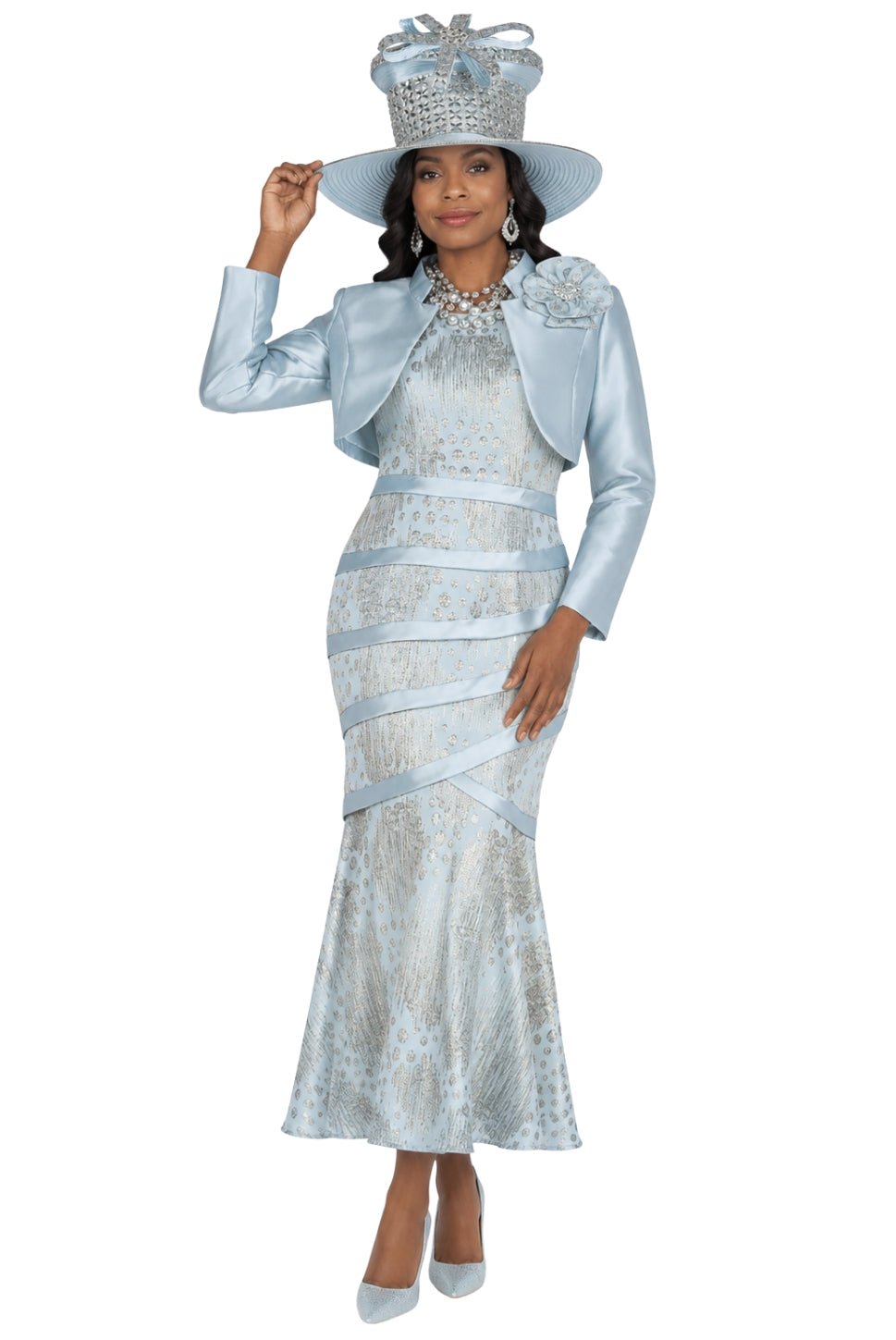 Champagne Italy 6107 Metallic Patterned Dress with Solid Bolero and Brooch