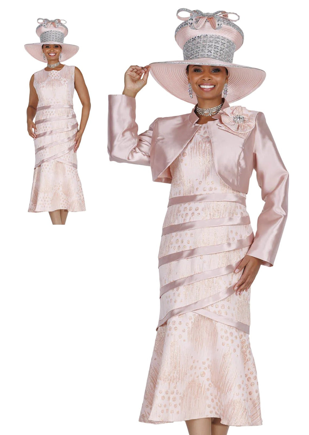 Champagne Italy 6107 Metallic Patterned Dress with Solid Bolero and Brooch - Especially Yours