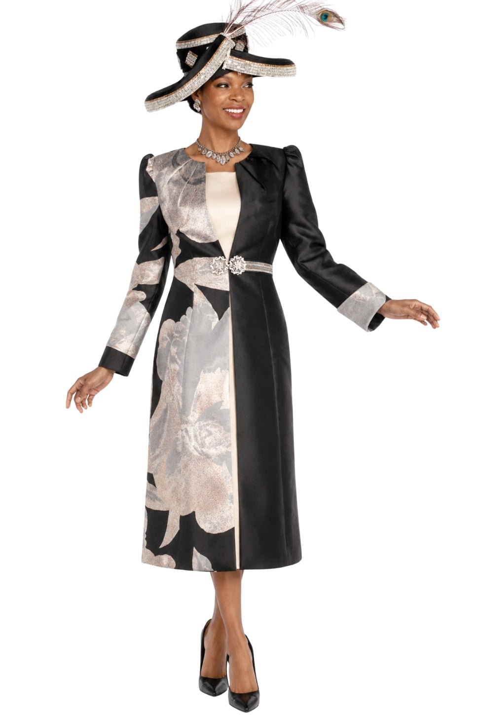 Elegant Champagne Italy 6109 Floral Duster Dress Suit Rhinestone Clasp - Especially Yours