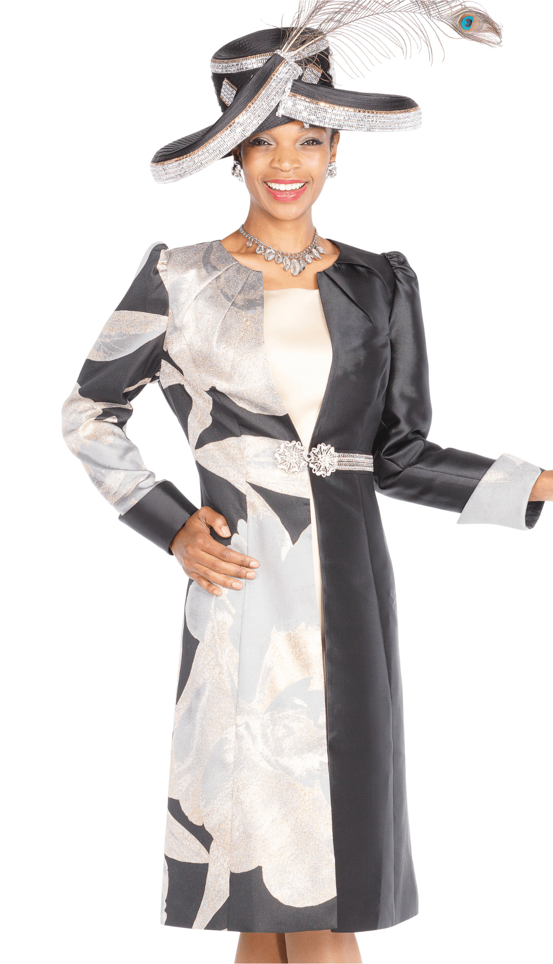 Elegant Champagne Italy 6109 Black Floral Duster Dress Suit Rhinestone Clasp - Especially Yours