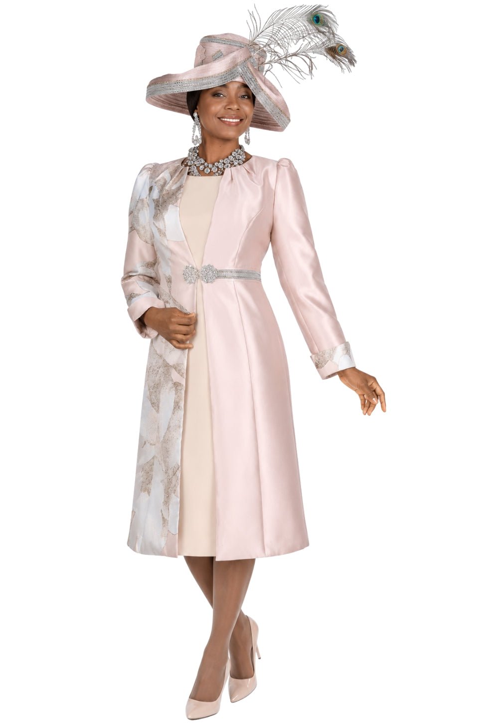 Elegant Champagne Italy 6109 Floral Duster Dress Suit Rhinestone Clasp - Especially Yours