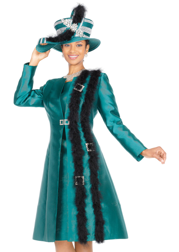 Elegant Green Solid Dress with Feather & Rhinestone Buckle Duster Jacket Set