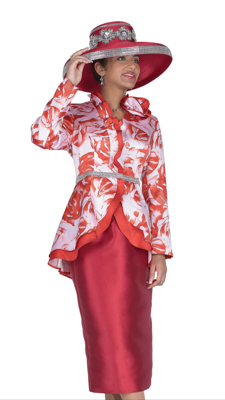 Elegant Floral Print Skirt Suit with Peplum, Ruffle Collar, and Rhinestone Waist