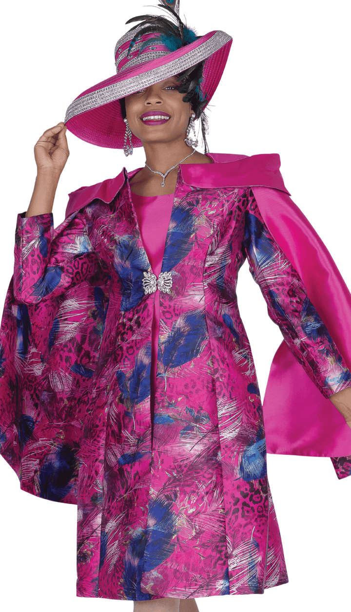 Stunning Champagne Italy 6112 Fuchsia Print Duster Dress with Rhinestone Clasp - Especially Yours
