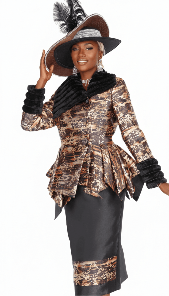 Elegant Champagne Italy 6113 Brown Animal Print Skirt Suit Plush Collar - Especially Yours