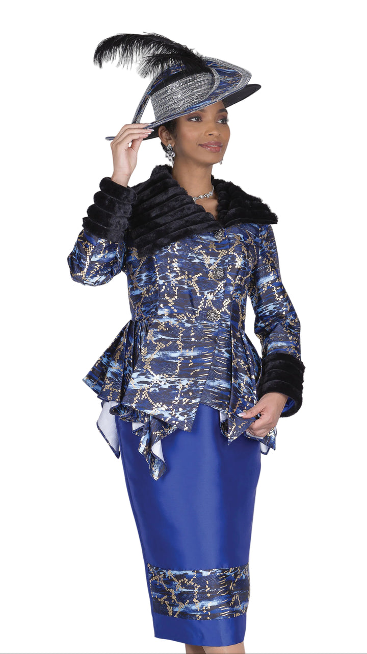 Elegant Champagne Italy 6113 Brown Animal Print Skirt Suit Plush Collar
