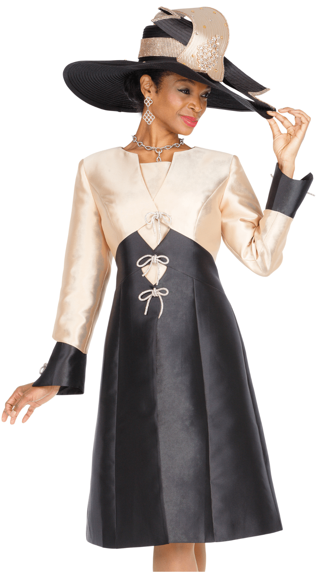 Champagne Italy 6114 Gold Color Block Duster Dress Elegant Bow Tie Trim - Especially Yours