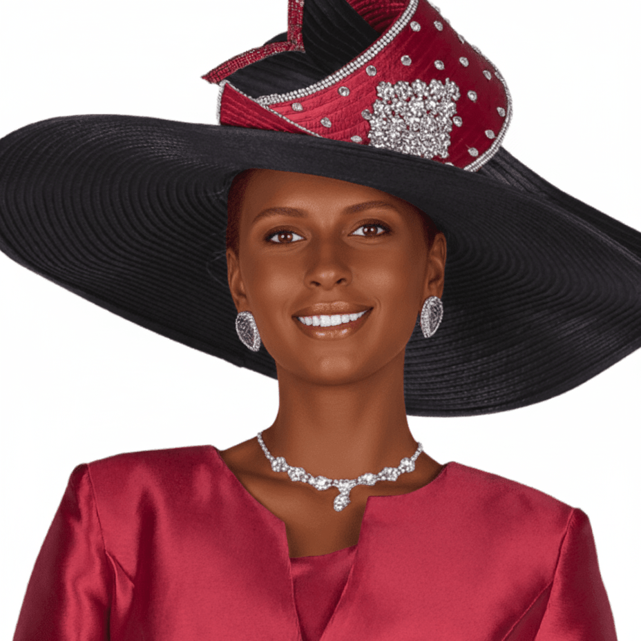 Elegant Black Red Wide Brim Church Hat with Embellishments for Women - Especially Yours