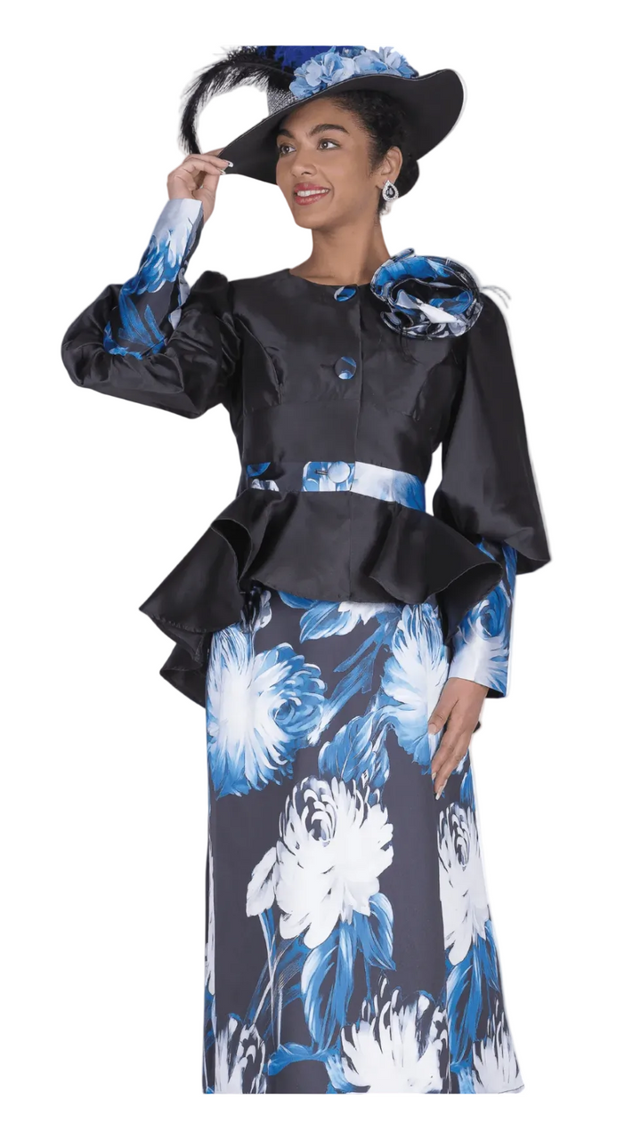 Chic Floral Print Skirt Suit with Peplum Jacket, Royal Accents, & Brooch - Especially Yours