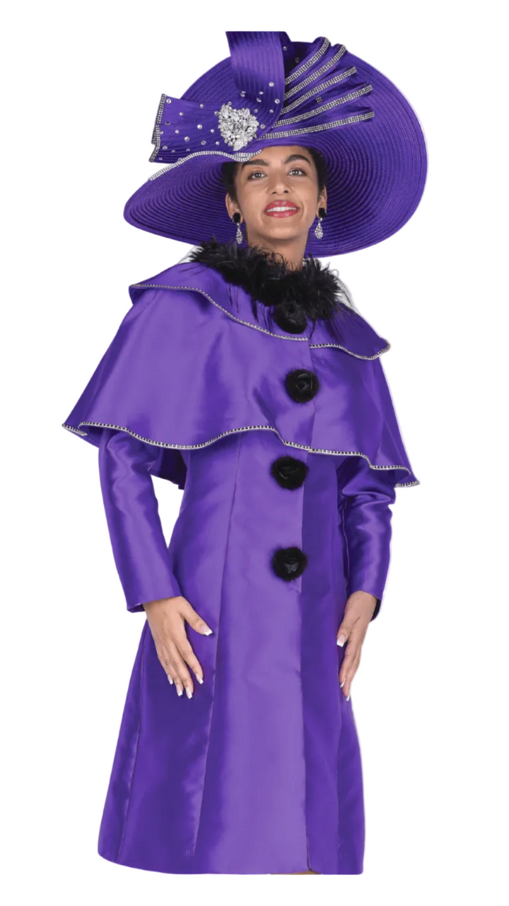 Elegant Satin Dress Coat with Tiered Shawl, Feather Neckline, Pom Pom Buttons - Especially Yours