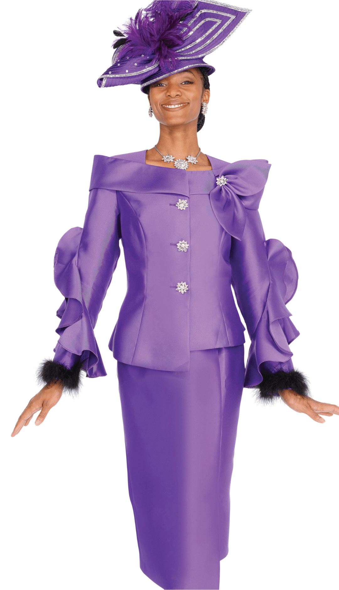 Chic Purple Skirt Suit: Ruffle Sleeves, Rhinestone Buttons, Feather Cuffs - Especially Yours