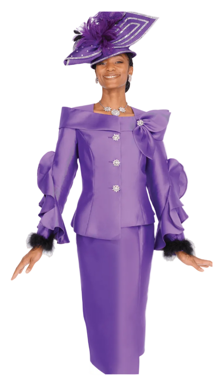 Chic Purple Skirt Suit: Ruffle Sleeves, Rhinestone Buttons, Feather Cuffs - Especially Yours