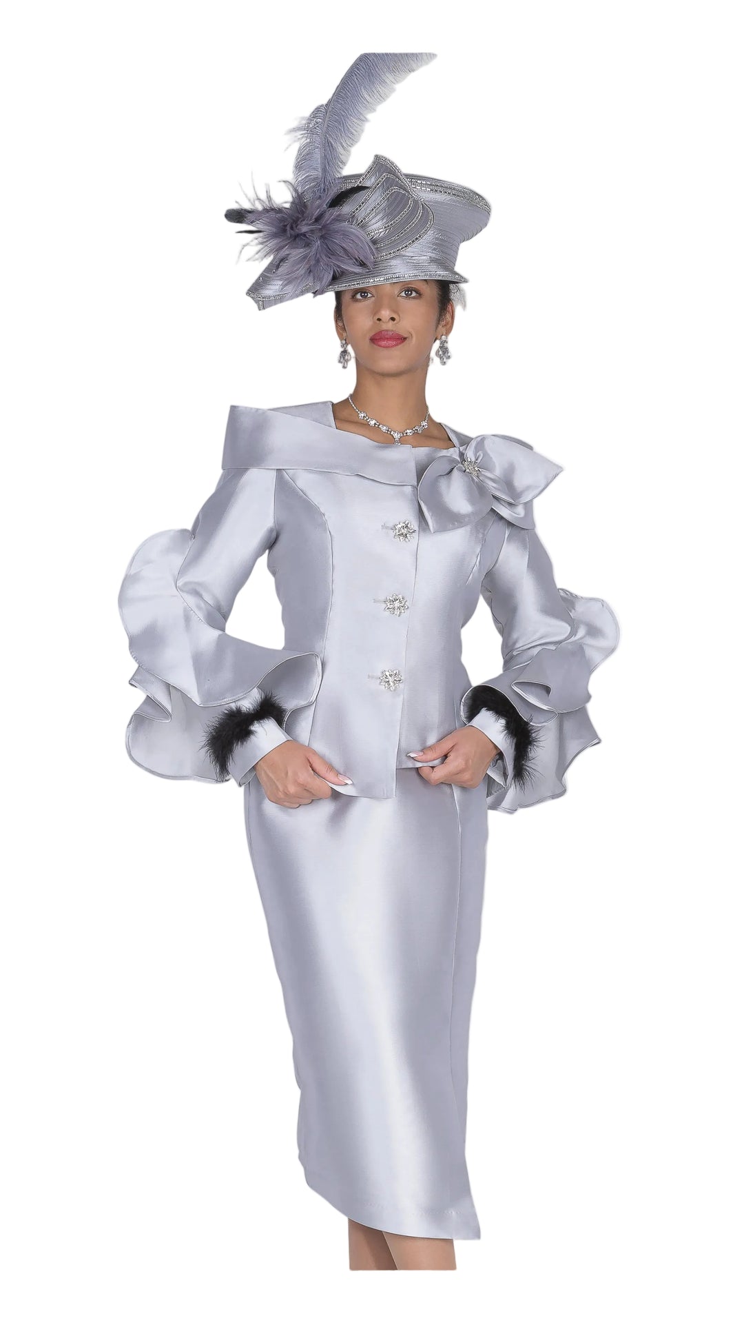 Chic Purple Skirt Suit: Ruffle Sleeves, Rhinestone Buttons, Feather Cuffs