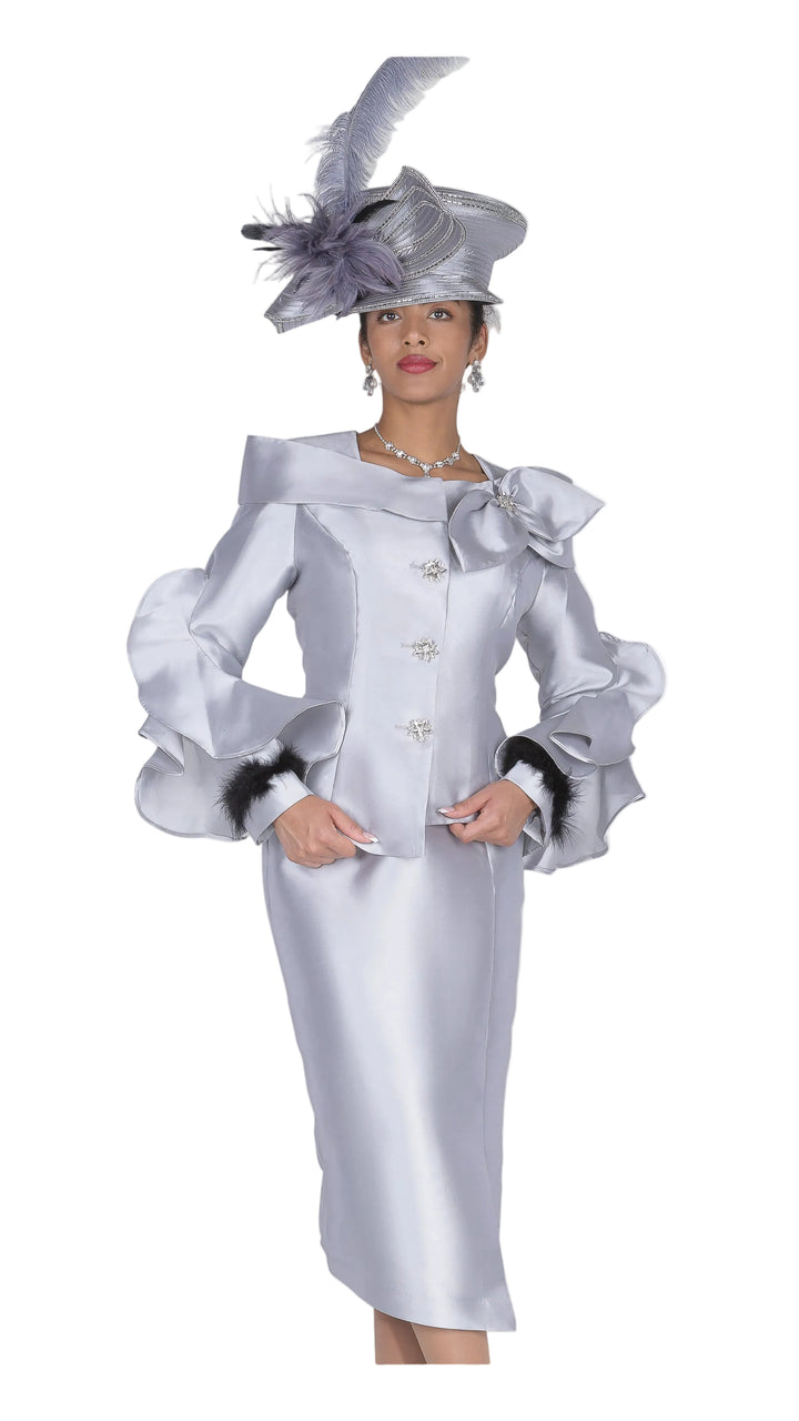Chic Purple Skirt Suit: Ruffle Sleeves, Rhinestone Buttons, Feather Cuffs
