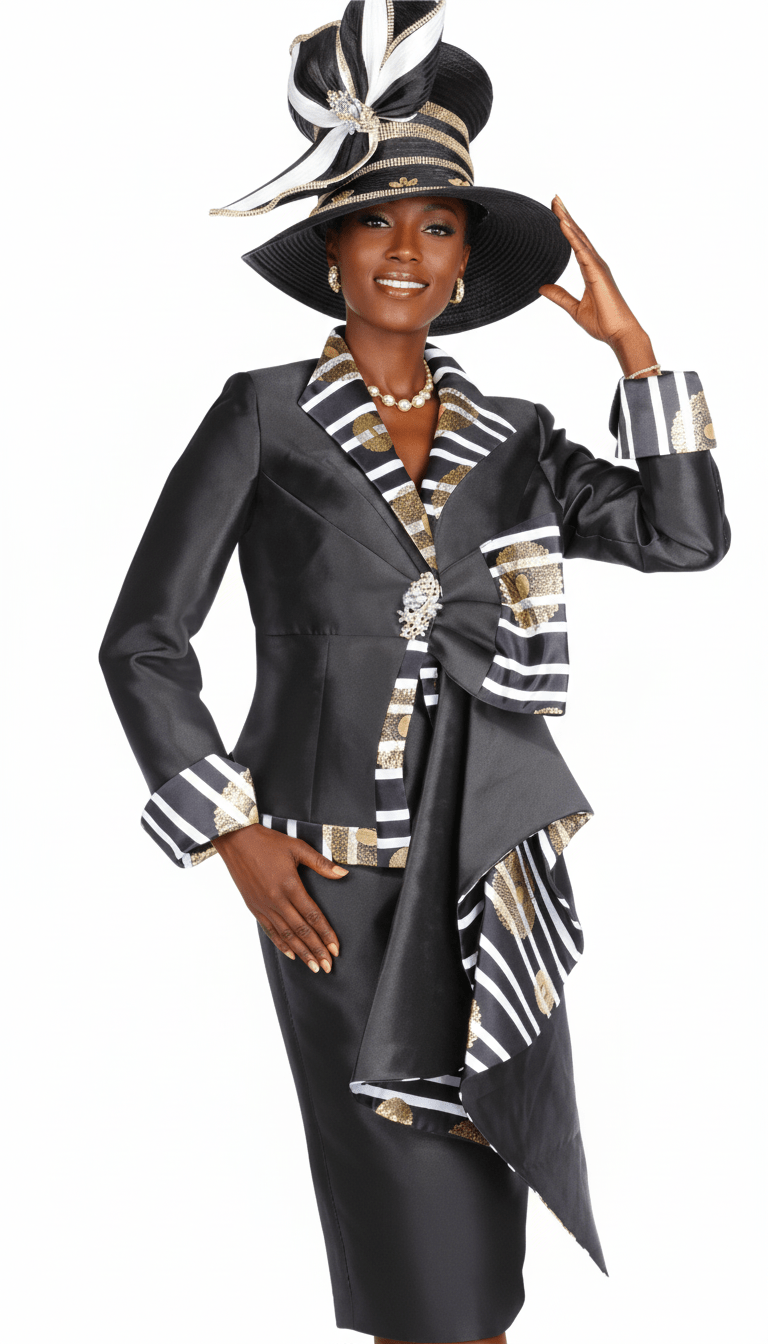 Champagne Italy 6118 Elegant Black Skirt Suit with Striped Trim - Especially Yours