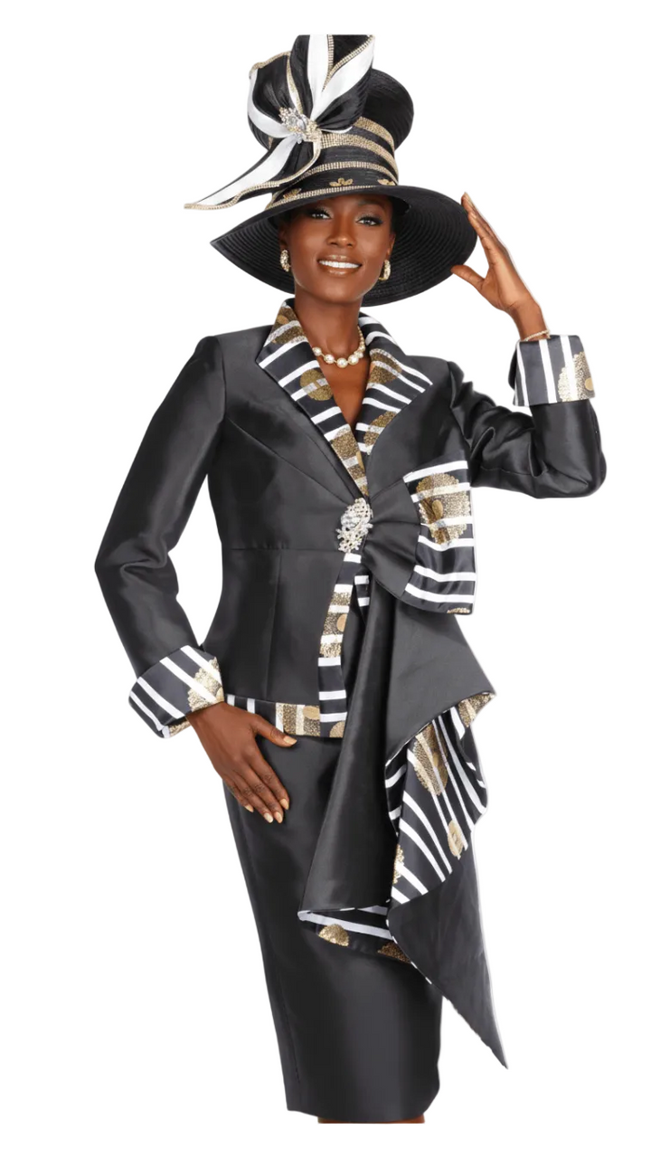 Champagne Italy 6118 Elegant Black Skirt Suit with Striped Trim - Especially Yours