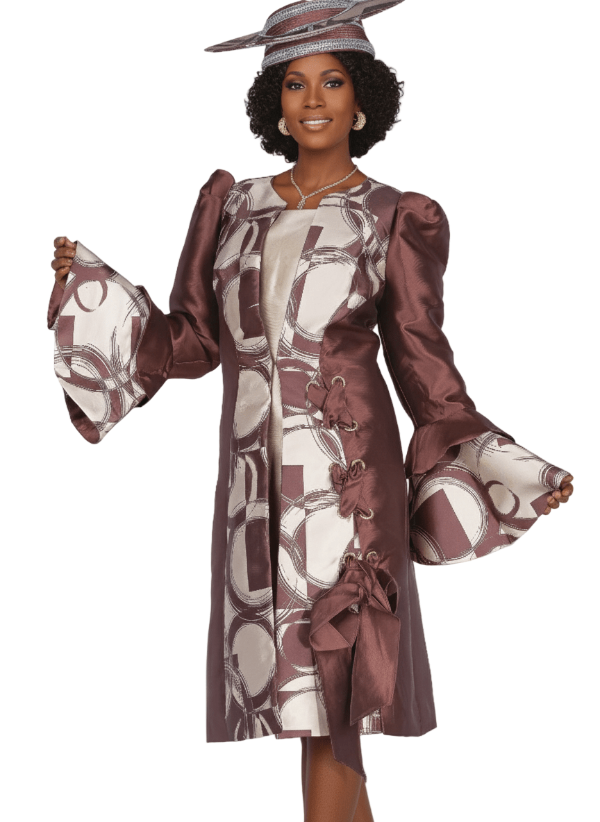 Elegant Solid Dress with Circle Print Duster, Flare Sleeves, and Lace - Up Trim - Especially Yours